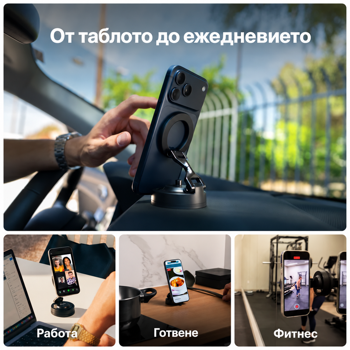 Nexora FlexMount в колата, на бюрото, в кухнята и във фитнеса